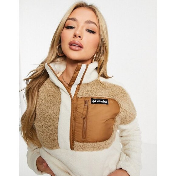 COLUMBIA Lodge Ivory Tan Sherpa Fleece Half Pullover Sweater, Size L - Picture 4 of 15